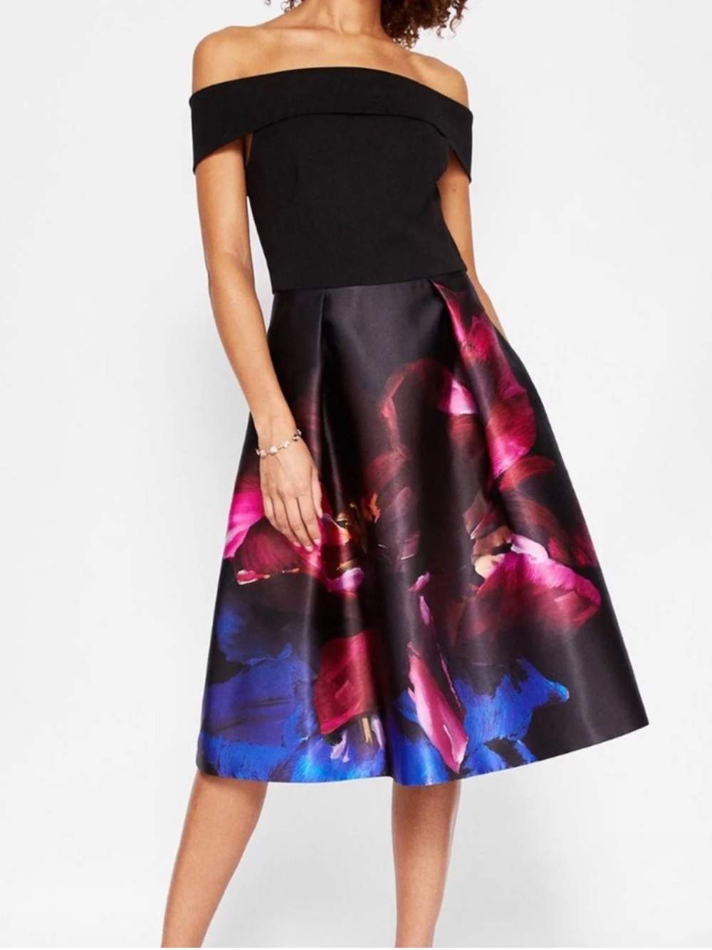 Ted Baker Kimey Impressionist Bardot Black Floral Midi Dress size 3 / US 8